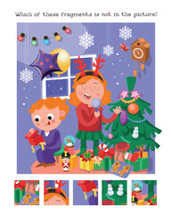 Find hidden fragments in picture. Educational puzzle game for children. Cute boy and girl in Christmas costume singing a song. Funny characters. Vector illustration, scene for design.