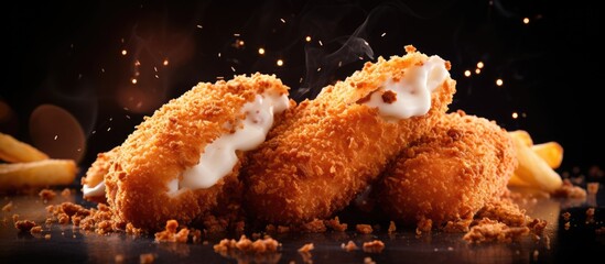 Close-up of Dutch fast food: ground beef-filled croquettes on bread, deep-fried.