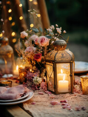 Fototapeta na wymiar outdoor wedding table decoration, boho style, evening,