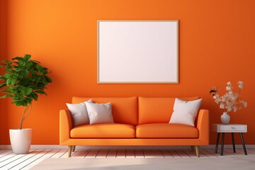 Beautiful interior design, a contemporary living room with a mockup of a frame on an orange background, and an image
