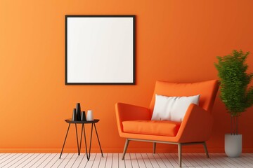 Beautiful interior design, a contemporary living room with a mockup of a frame on an orange background, and an image