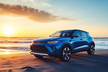 Blue compact SUV car with sport and modern design parked on concrete road by the sea at sunset. Environmentally friendly technology. Business success concept