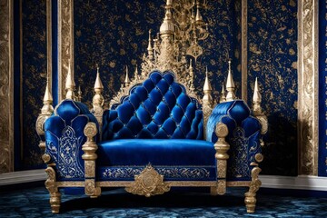interior luxurious blue design with taj mahal scenery and wall painting on the back wall and big queen seat in the entrance with blue design 