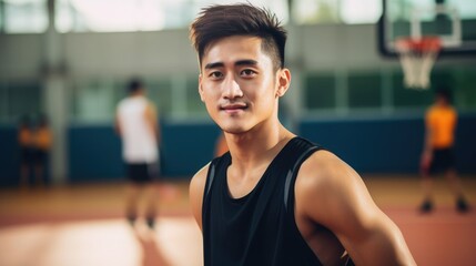 basketball player smile on blur basketball field background