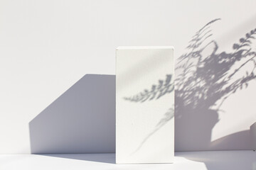 White podiums in sunlight with shadow of leaves. Showcase, Mockup.