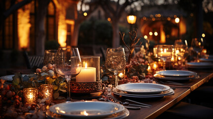 Wedding  table setting. hall decoration with a lot of string lights and candles. festive table decor on the terrace