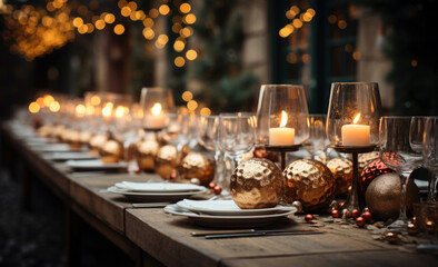 Fototapeta na wymiar Wedding table setting. hall decoration with a lot of string lights and candles. festive table decor on the terrace