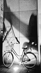 Creative black and white photograph of a bicycle against wall, bright light from below, throwing long shadows above