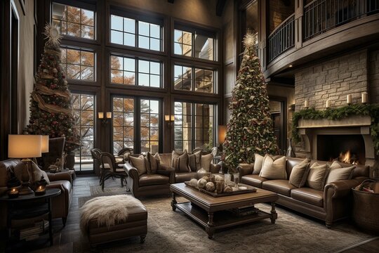 christmas decorated living room, decorated christmas tree, cozy blankets and pillows Sleek Living Room Sanctuary with Designer Furniture, High Ceilings, and Elegant Decorative Accents