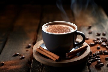 Close up of hot drink with chocolate on wooden table with copy space