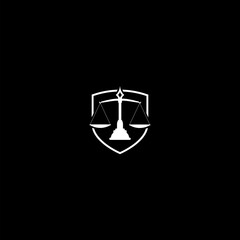 Law firm and shield icon isolated on dark background