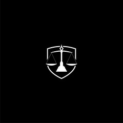Law firm and shield icon isolated on dark background