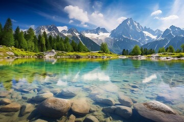 Colorful summer panorama of the Lac Blanc lake with Mont Blanc (Monte Bianco) on background - Powered by Adobe