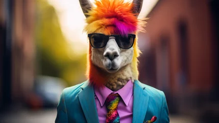 Foto auf Alu-Dibond A cool alpaca in a business suit in rainbow colors © Andreas
