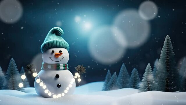 christmas celebration with snowmana and christmas tree with snowfall decoration concept. with cartoon style. seamless looping time-lapse virtual video animation background.