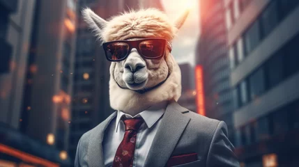Foto auf Alu-Dibond  A cool alpaca in a business suit in cyberpunk style © Andreas