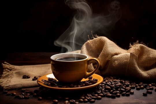 Cup of coffee with smoke and coffee beans in burlap sack on coff © muhmmad