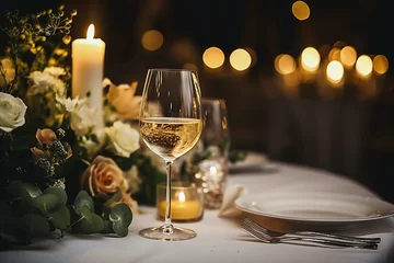 Deurstickers Elegant and select wedding decoration restaurant table Wine Glass and appetizers, on the bar table Soft light and romantic atmosphere dinner service menue guests candle © muhmmad