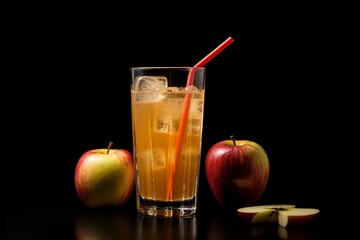 Glass of fresh apple juice with apple pieces and straw