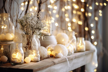 Table decoration with garlands, wedding, сhristmas  winter