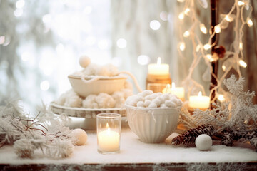 Fototapeta na wymiar Table decoration with garlands, wedding, сhristmas winter