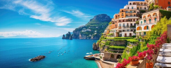 Panoramic view of  Amalfi coast on hills with flowers and sea, Campania, Italy. Generative ai