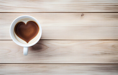Obraz premium heart shape coffee cup on white wooden table top view