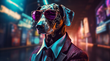  A cool dog in a business suit in cyberpunk style
