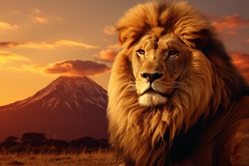 Lion portrait on savanna. Mount Kilimanjaro at sunset. Safari