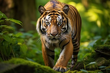Naklejka premium Majestic Tiger Amidst Forest Majesty, Feline Elegance in Wild Natural Habitat