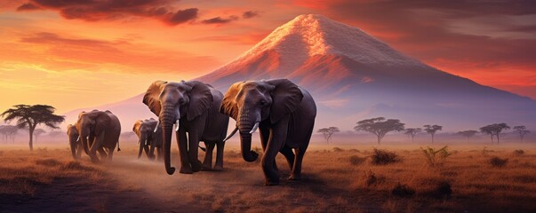 Kilimanjaro mount background in National park. Safari animals landscape, Tanzania Africa....