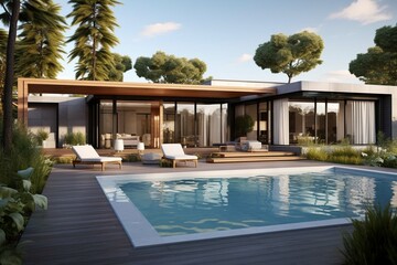 modern villa with open plan living and private bedroom wing with small terrace for relaxation, Generative AI