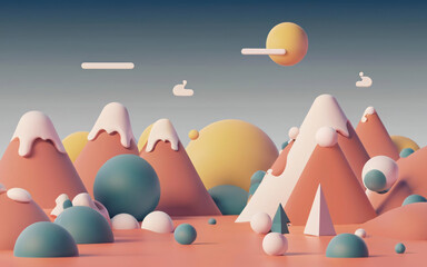 A 3D abstract landscape using geometric shapes in a minimalist fashion, creating a serene and visually appealing environment.