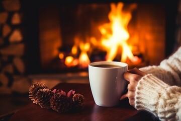 mug of hot chocolate or coffee by the Christmas fireplace. Woman relaxes by warm fire with a cup of...