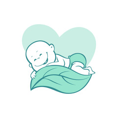 Minimalist Organic Baby Logo Design with Smiling Child on Green Leaf Representing Natural Care and Wellness