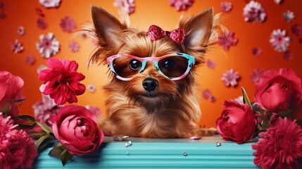 The puppy is surrounded by flowers, wearing sunglasses and a bow, creating a playful and colorful scene. Valentine's Day, Birthday celebration theme.