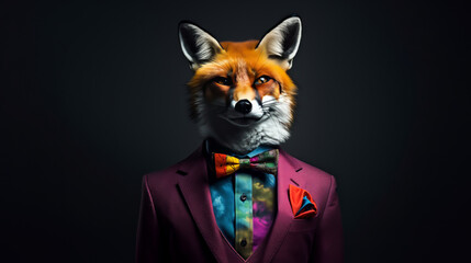 A cool fox in a business suit in rainbow colors