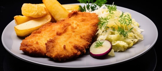 Breaded chicken cutlet with potatoes and cabbage. - obrazy, fototapety, plakaty