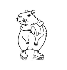 Cute capybara ice skating. Vector illustration hand drawn. For coloring books, postcards, templates.