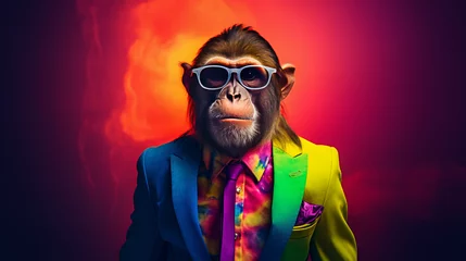 Foto op Plexiglas A cool monkey in a business suit in rainbow colors © Andreas