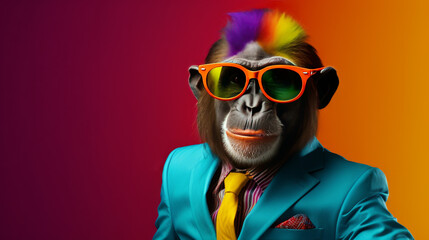 A cool monkey in a business suit in rainbow colors - obrazy, fototapety, plakaty
