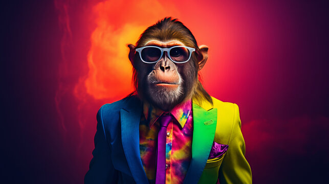 A cool monkey in a business suit in rainbow colors