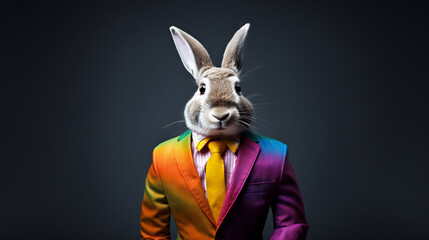 A cute rabbit in a business suit in rainbow colors
