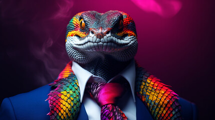 A snake in a business suit in rainbow colors
