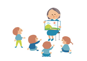 紙芝居　読み聞かせをするシニアと子供達　イラスト素材