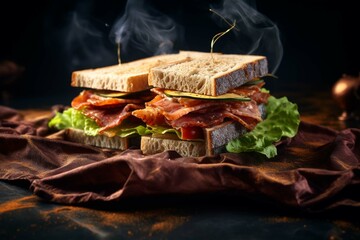 Rustic ambiance close-up photography of a tempting sandwiches on a slate plate against a silk fabric background. With generative AI technology