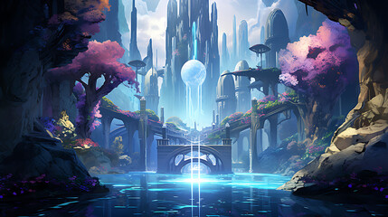 A Mysterious Cityscape in the Sky: A Fantasy Artwork of a Dark and Majestic City with a Glowing Orb