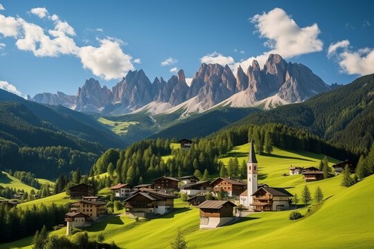 Santa Maddalena village in front of the Geisler or Odle Dolomites Group , Val di Funes, Italy, Europe