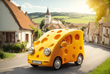 a cute car designed to look like a piece of yellow cheese