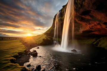 Fototapeta na wymiar Seljalandfoss waterfall at sunset in HDR, Iceland